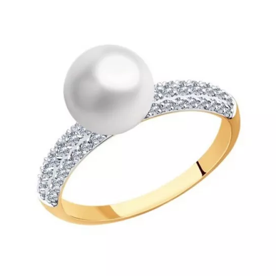 Кольцо с жемчугом и фианитом из золота