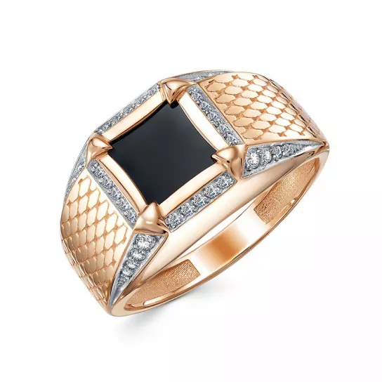 Кольцо-печатка с ониксом и фианитом из золота
